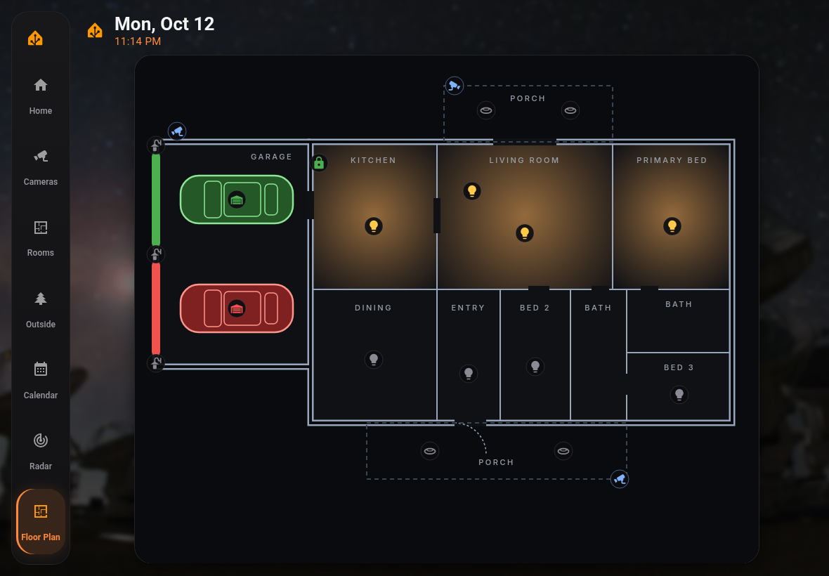 Example interactive Home Assistant floor plan dashboard with lit rooms, garage door status colors, and camera icons