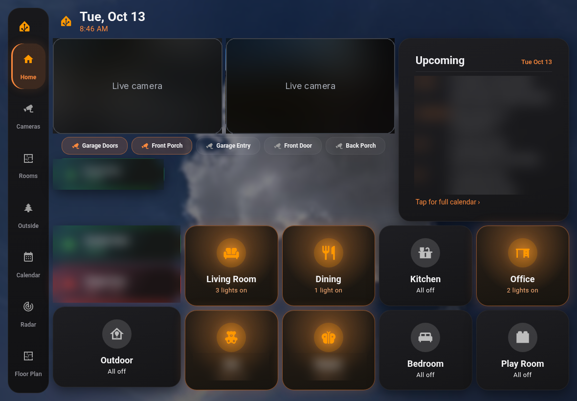 Landscape Home Assistant wall dashboard Home page with blurred camera views, calendar, garage doors, and room light tiles